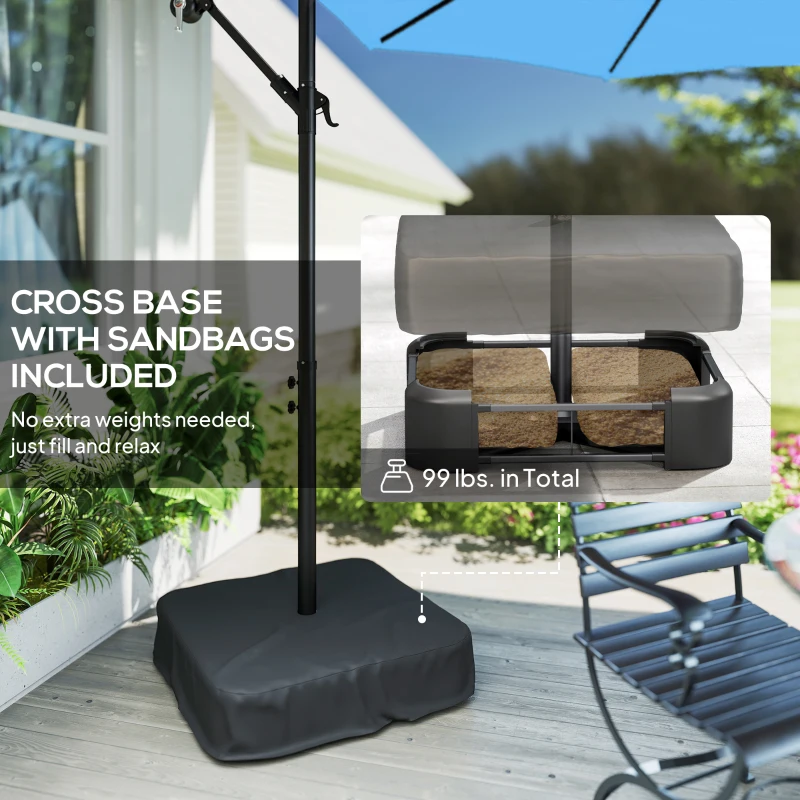 Outsunny 10 ft Cantilever Patio Umbrella with Light, Weight, Offset Hanging Outdoor Umbrella with Protective Cover, Lake Blue