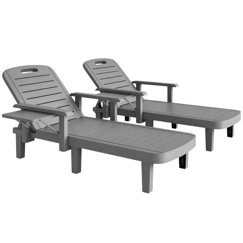 Outsunny Set of 2 Tanning Chair, 5 Positions Adjustable Outdoor Lounge Chairs with Foldable Side Table, Dark Grey