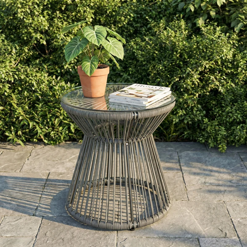 Outsunny Round End Table, Rattan Side Table, Hollow Drum Design Coffee Table w/ Glass Top for Patio, Garden, Balcony, Dark Grey