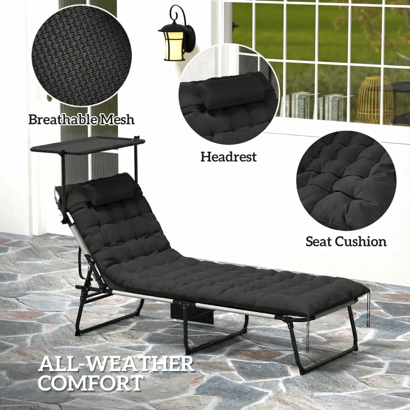 Outsunny Folding Lounge Chair with Adjustable Canopy, 4-Position Outdoor Tanning Chair with Headrest, Black