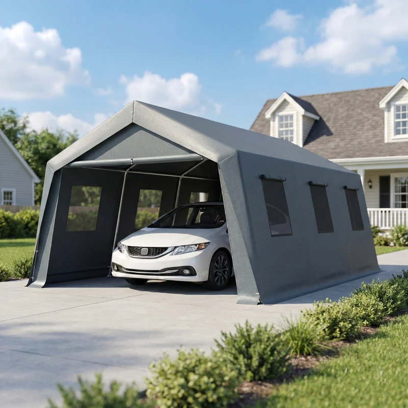 Outsunny 20 x 13 ft Carport, Portable Garage with Roll-Up Door and Windows, PE Canopy, Steel Frame, Dark Grey