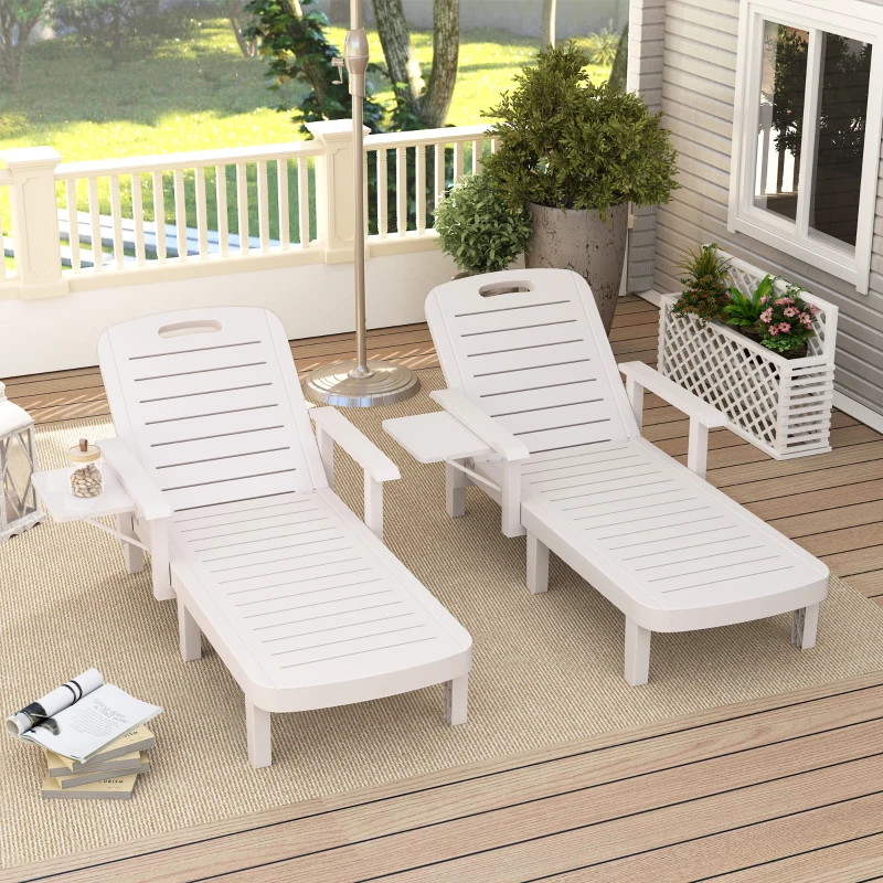 Outsunny Set of 2 Tanning Chair, 5 Positions Adjustable Outdoor Lounge Chairs with Foldable Side Table, White
