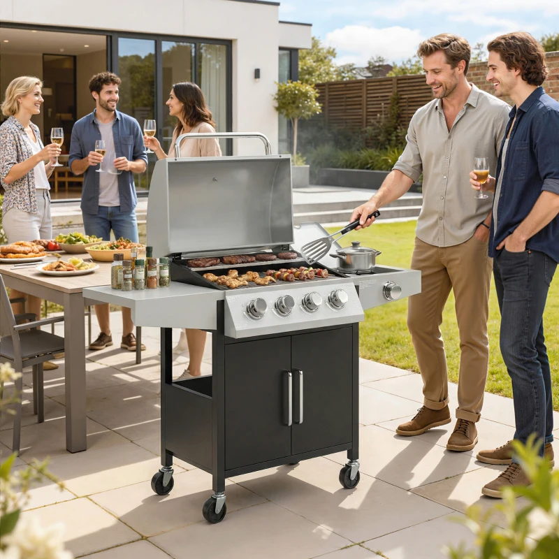 Outsunny 4+1 Burner Liquid Propane Gas Grill, Outdoor Portable BBQ Grill with Side Burner, Warming Rack, Side Shelf