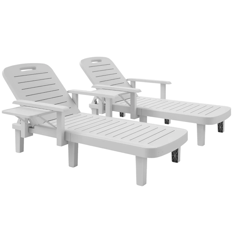Outsunny Set of 2 Tanning Chair, 5 Positions Adjustable Outdoor Lounge Chairs with Foldable Side Table, White