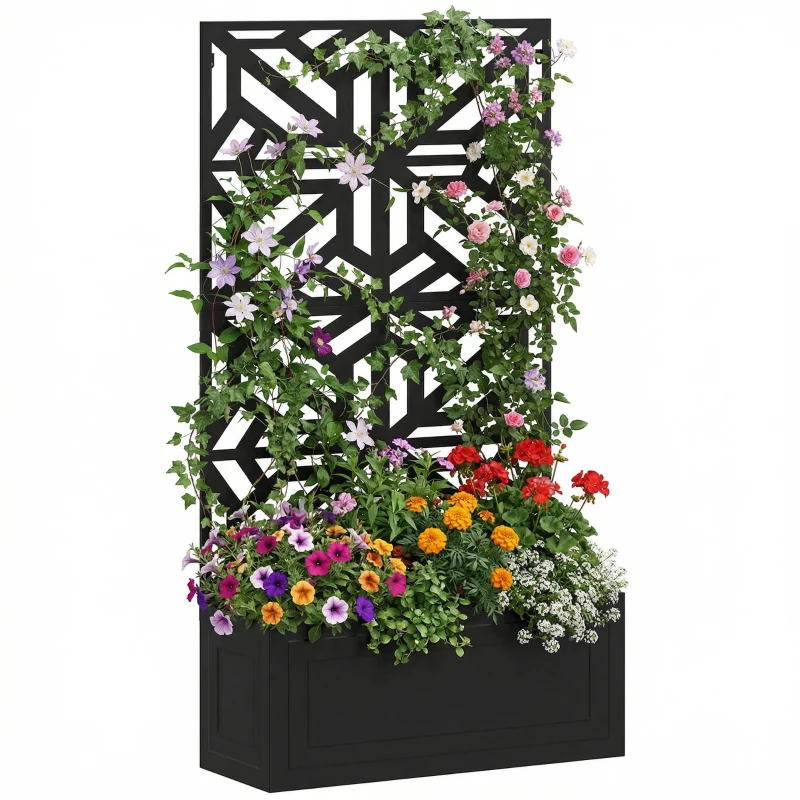 Outsunny Metal Raised Garden Bed with Trellis for Climbing Plants, Freestanding or Wall Mounted Flower Bed with Privacy Panel