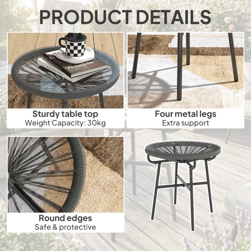 Outsunny Rattan Side Table, Round Outdoor Table, with Round PE Rattan and Tempered Glass Table Top for Patio, Garden, Dark Grey