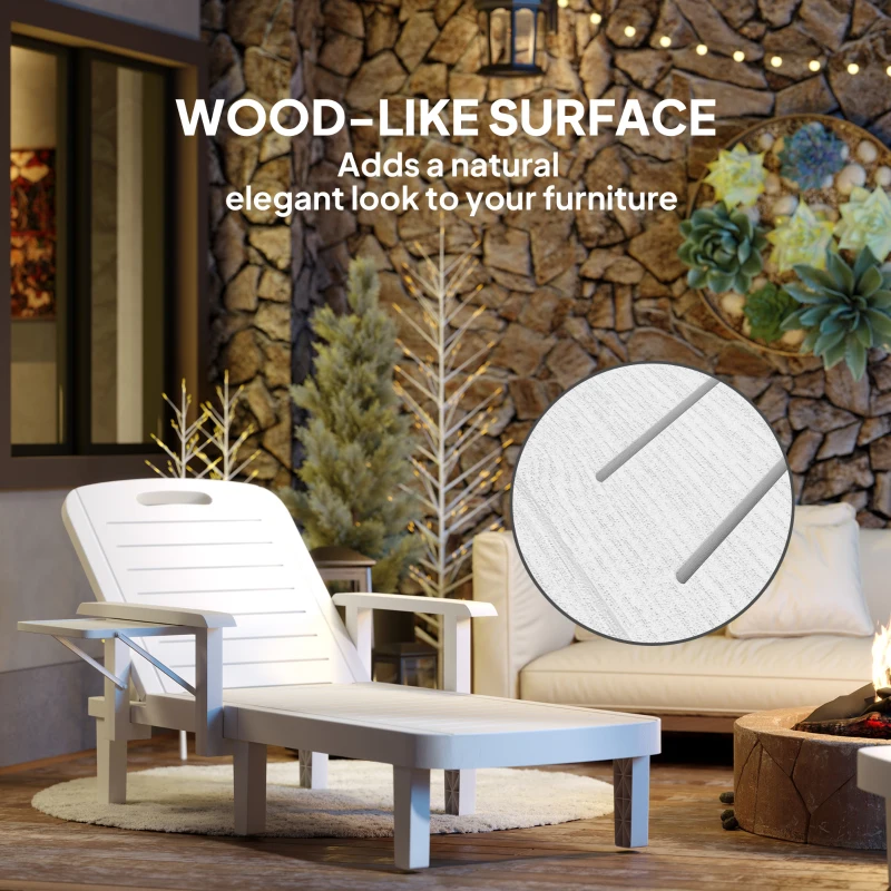 Outsunny Set of 2 Tanning Chair, 5 Positions Adjustable Outdoor Lounge Chairs with Foldable Side Table, White