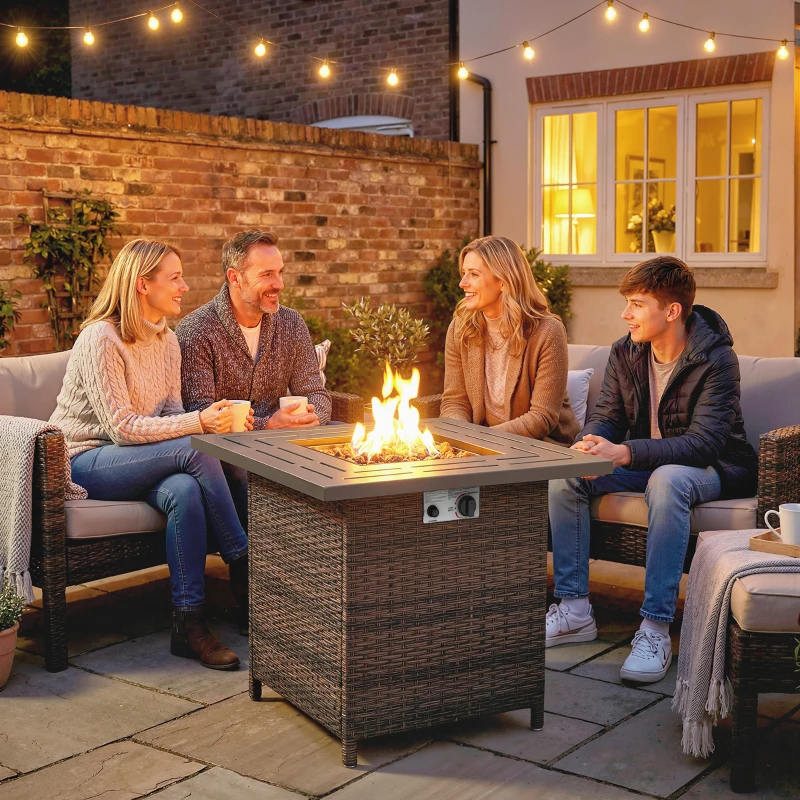 Outsunny Propane Fire Pit Table, 28 Inch 40,000 BTU Square Rattan Fire Table with Lava Rock, Pulse-Ignition Wicker Gas Fire Pit