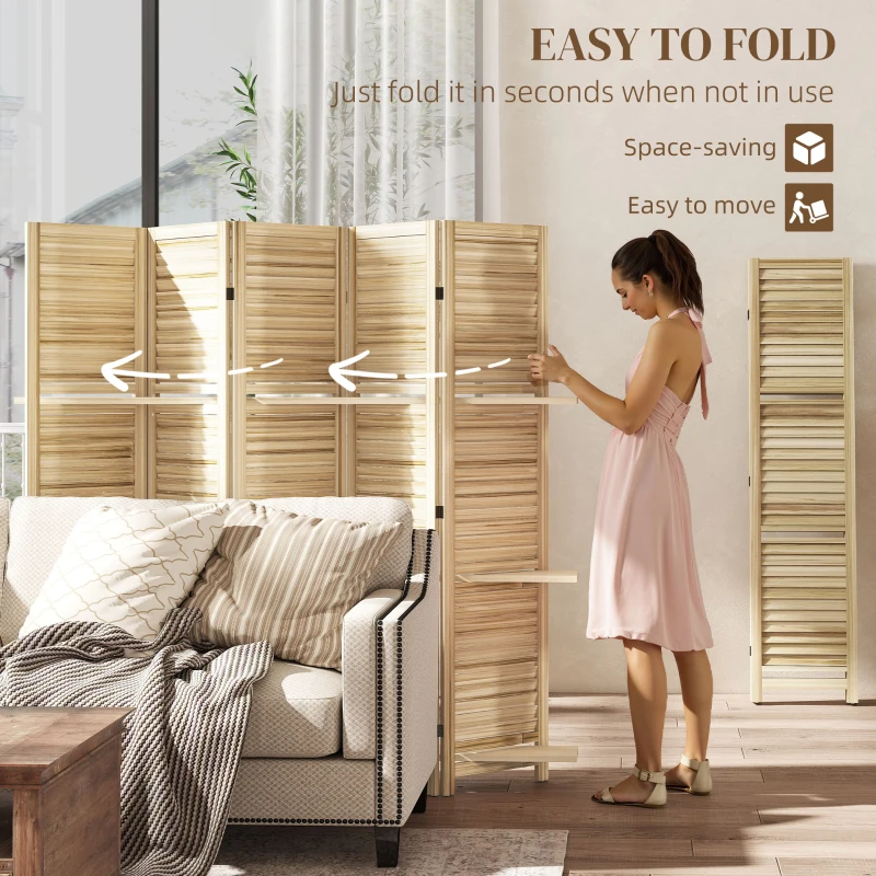 HOMCOM 5 Panel 67" Tall Wood Privacy Screen Room Divider with 3 Shelves and Folding Storage for Bedroom, Natural Wood