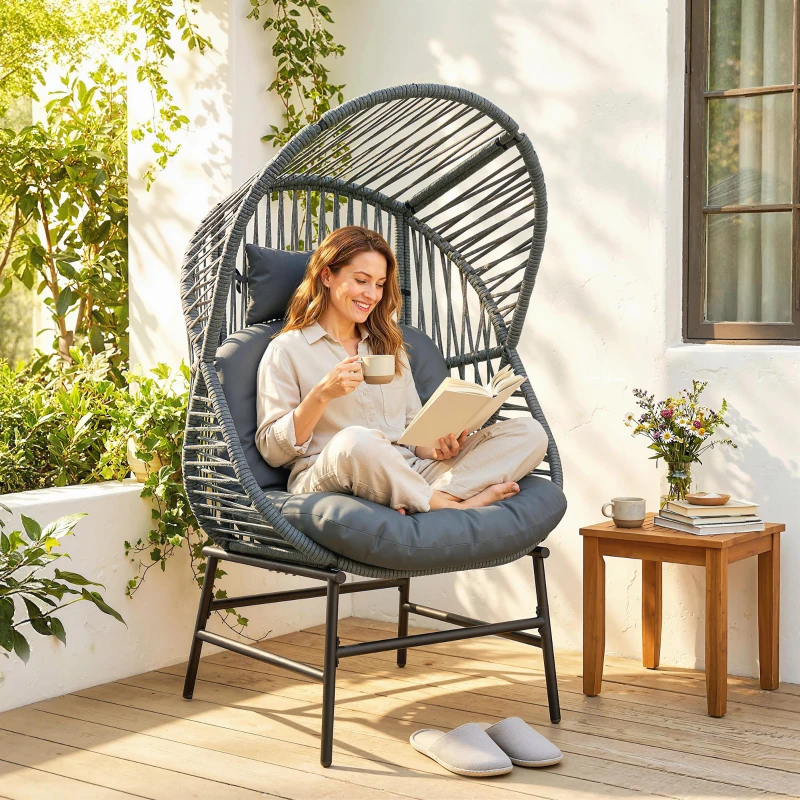 Outsunny Wicker Egg Chair, 330 lbs Outdoor Rattan Lounge Chair with Thick Cushion, Headrest, Steel Frame, Dark Grey