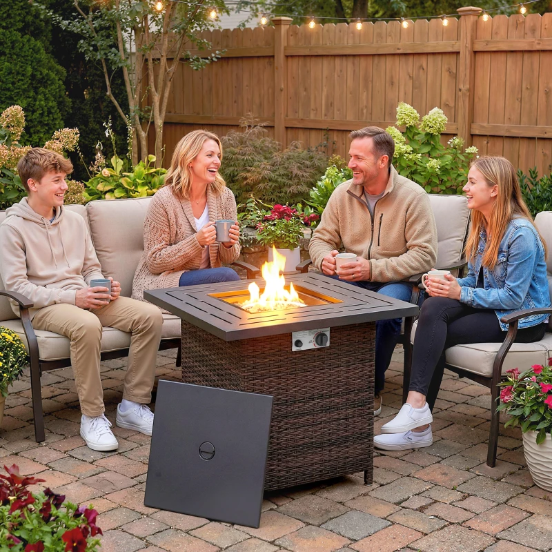 Outsunny Propane Fire Pit Table, 28 Inch 40,000 BTU Square Rattan Fire Table with Lava Rock, Pulse-Ignition Wicker Gas Fire Pit