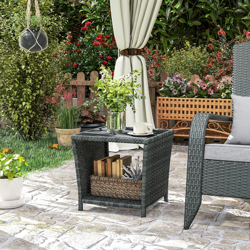 Outsunny 17.7" Wicker Side Table with Storage Shelf, Square PE Rattan Outdoor End Table with PS Wood Slat Top, Grey