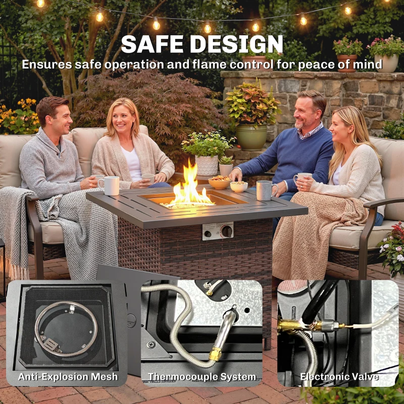 Outsunny Propane Fire Pit Table, 28 Inch 40,000 BTU Square Rattan Fire Table with Lava Rock, Pulse-Ignition Wicker Gas Fire Pit
