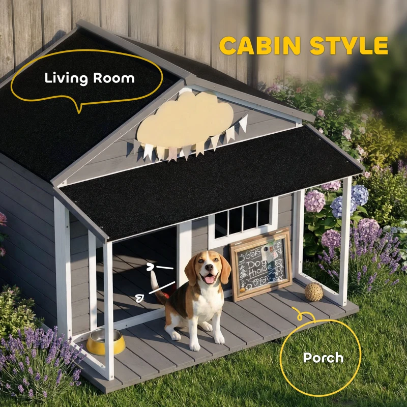PawHut Outdoor Cabin Style Dog House, Medium Dogs, 53 lbs, Gray