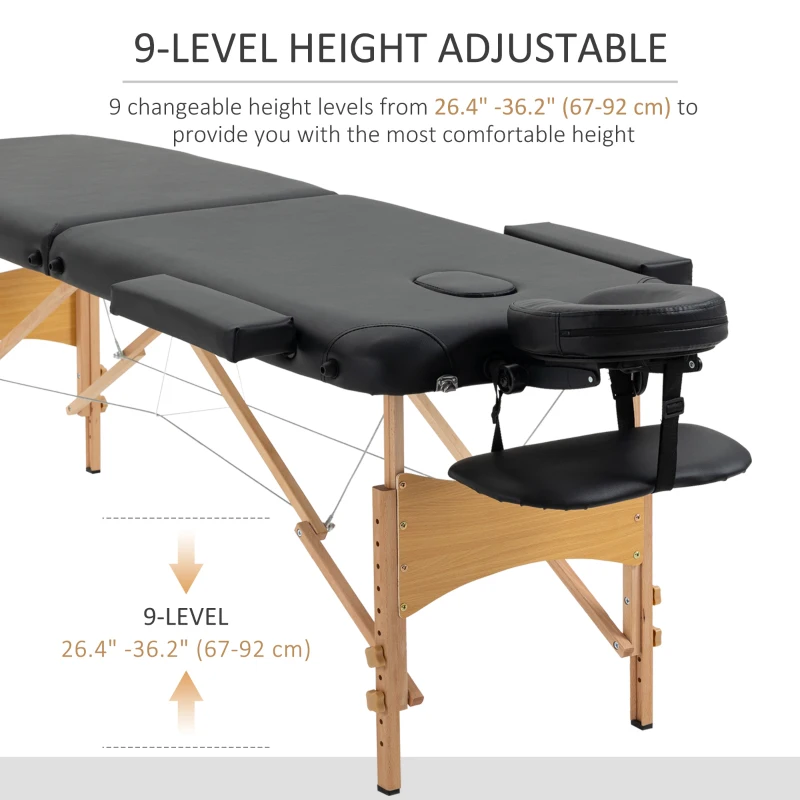 HOMCOM 83 Inch Portable Folding Massage Table, Height Adjustable Professional Salon Spa Facial Couch Bed with Free Carrying Case, Headrest, Armrests, Black