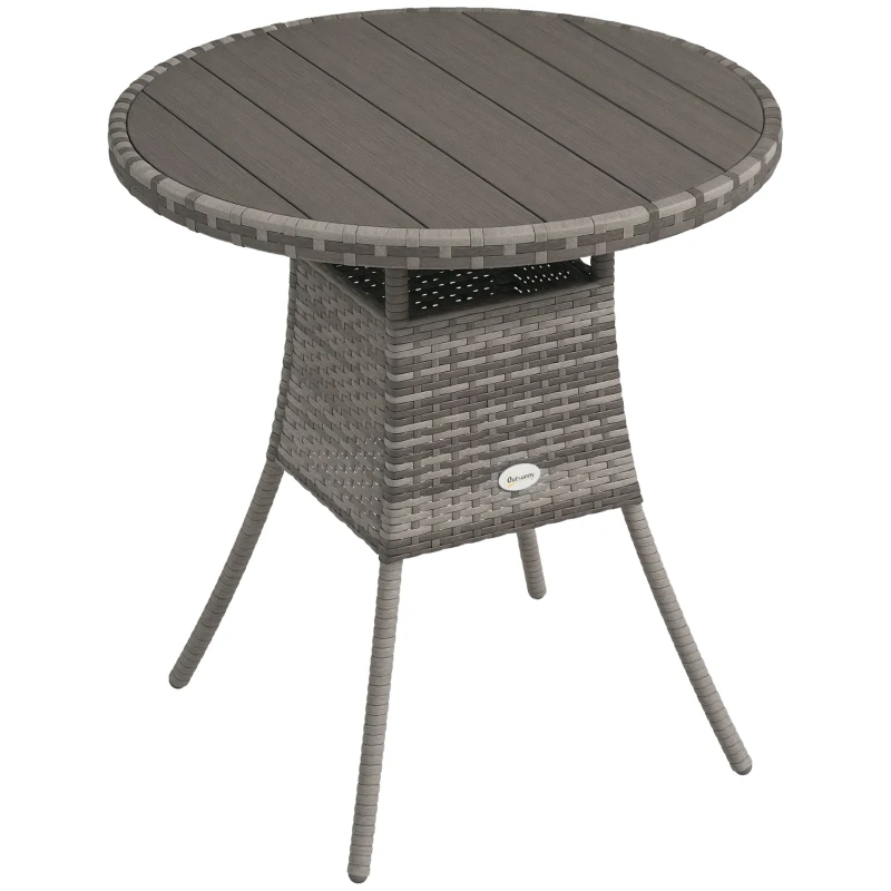 Outsunny 27.5" Outdoor Wicker Dining Table, PE Rattan Patio Furniture with Wood-plastic Composite Top, Grey