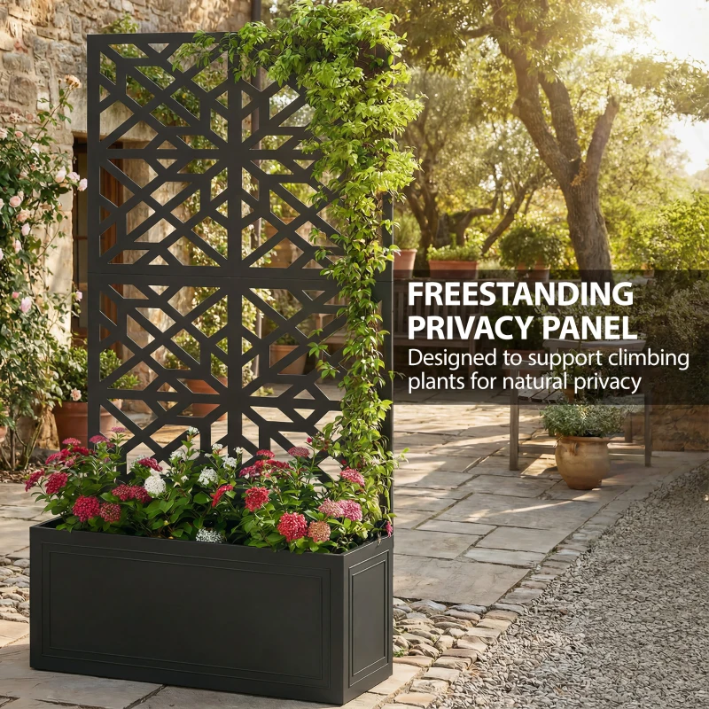 Outsunny Metal Raised Garden Bed with Trellis for Climbing Plants, Freestanding or Wall Mounted Flower Bed with Privacy Panel