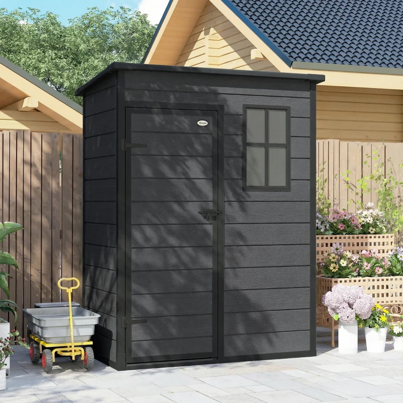 Outsunny 5 x 3FT Garden Shed with Floor, Outdoor Storage Shed with Lockable Door, Window and Vent for Backyard, Patio, Dark Grey