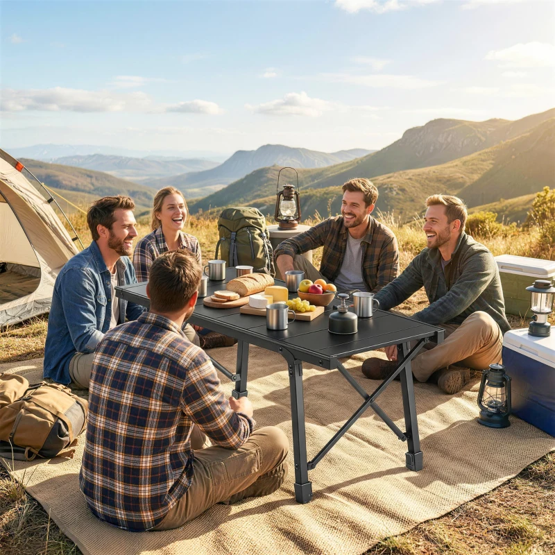 Outsunny Adjustable Height Folding Picnic Table with Removable Plates, Aluminum Camping Table, Black