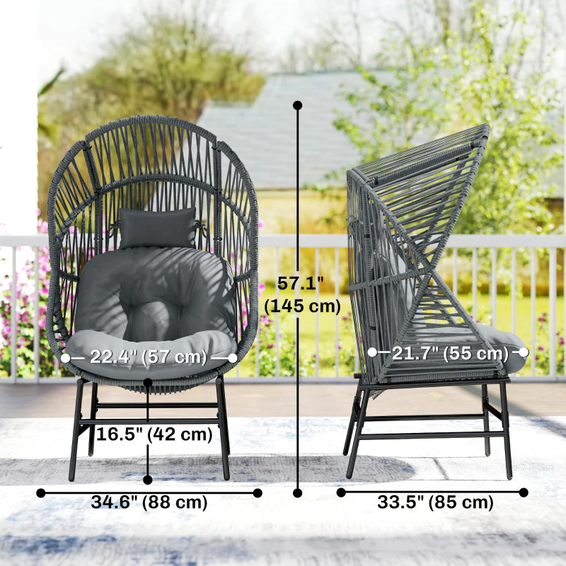 Outsunny Wicker Egg Chair, 330 lbs Outdoor Rattan Lounge Chair with Thick Cushion, Headrest, Steel Frame, Dark Grey