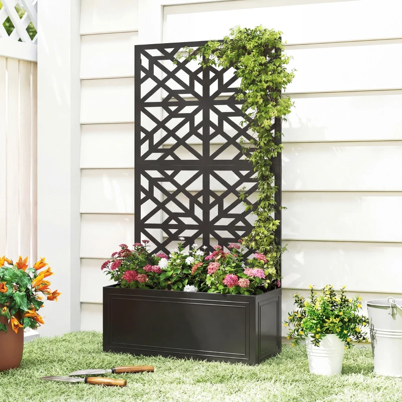 Outsunny Metal Raised Garden Bed with Trellis for Climbing Plants, Freestanding or Wall Mounted Flower Bed with Privacy Panel