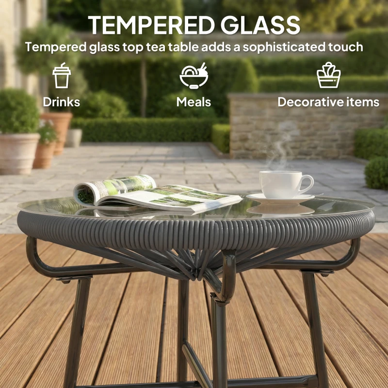 Outsunny Rattan Side Table, Round Outdoor Table, with Round PE Rattan and Tempered Glass Table Top for Patio, Garden, Dark Grey