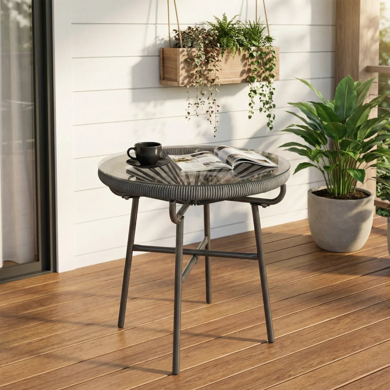 Outsunny Rattan Side Table, Round Outdoor Table, with Round PE Rattan and Tempered Glass Table Top for Patio, Garden, Dark Grey