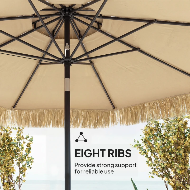 Outsunny 8.5 FT Hula Thatched Tiki Patio Umbrella, 2-Tier Tropical Hawaiian Style Outdoor Umbrella with 8 Ribs, UPF30+, Khaki