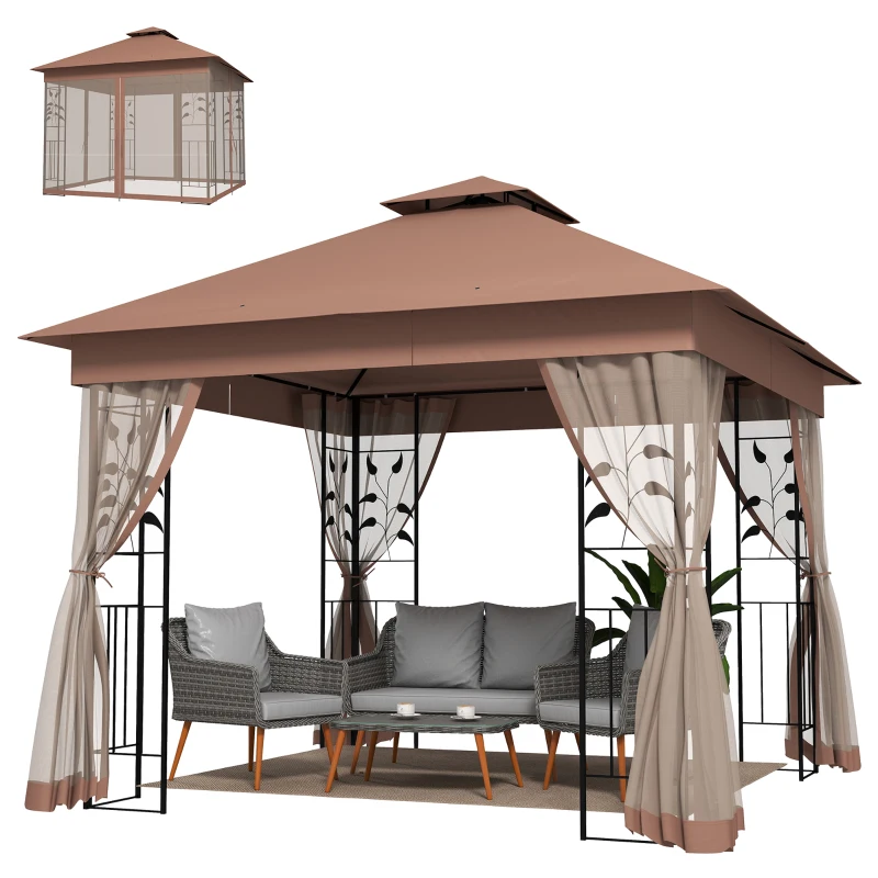 Outsunny 10'x10' Soft-top Steel Patio Gazebo Outdoor Sun Shelter with 2-Tier Polyester Roof, Curtain Sidewalls, Dark Brown