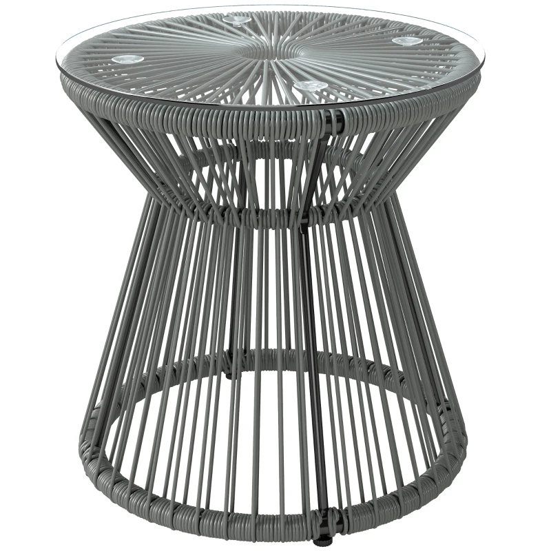 Outsunny Round End Table, Rattan Side Table, Hollow Drum Design Coffee Table w/ Glass Top for Patio, Garden, Balcony, Dark Grey