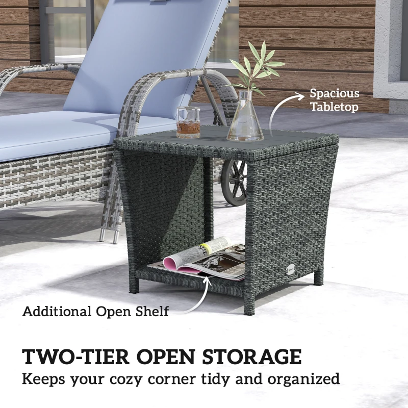 Outsunny 17.7" Wicker Side Table with Storage Shelf, Square PE Rattan Outdoor End Table with PS Wood Slat Top, Grey