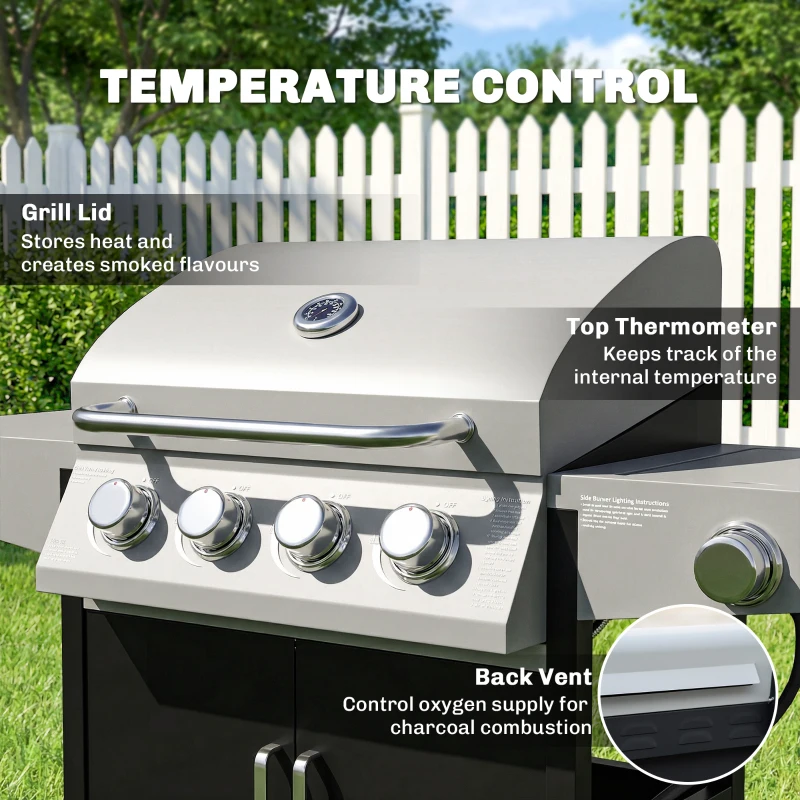 Outsunny 4+1 Burner Liquid Propane Gas Grill, Outdoor Portable BBQ Grill with Side Burner, Warming Rack, Side Shelf