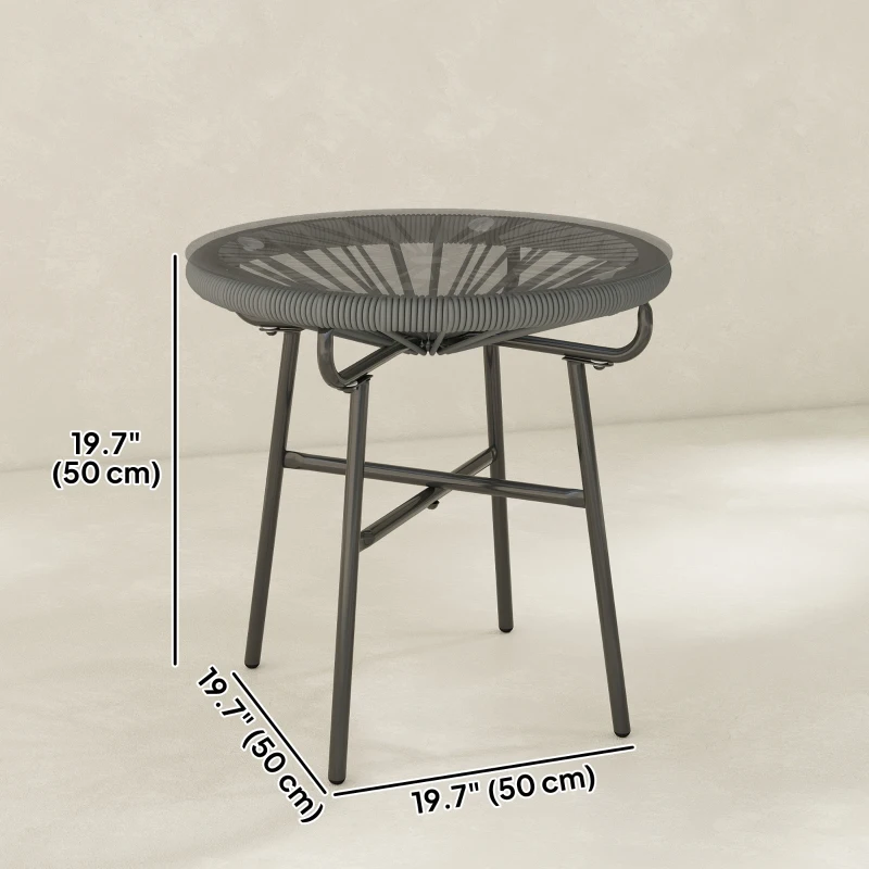 Outsunny Rattan Side Table, Round Outdoor Table, with Round PE Rattan and Tempered Glass Table Top for Patio, Garden, Dark Grey