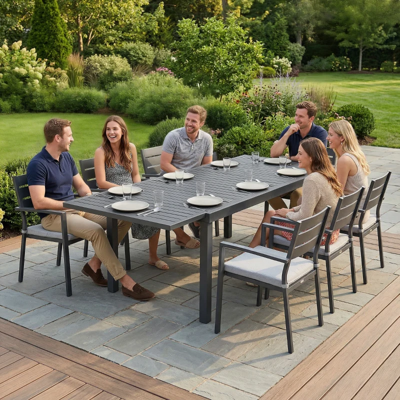 Outsunny Expandable Outdoor Dining Table for 6-8 People, 59"-89" Aluminum Patio Dining Table with Slatted Top, Dark Grey