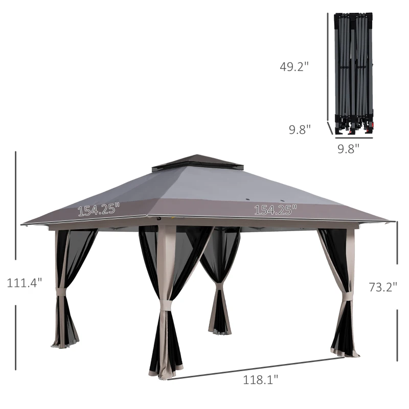 Outsunny 13' x 13' Pop Up Gazebo Instant Canopy Tent Shelter with 2-Tier Roof, Carry Bag, Wight Bags for Outdoor, Garden, Gray
