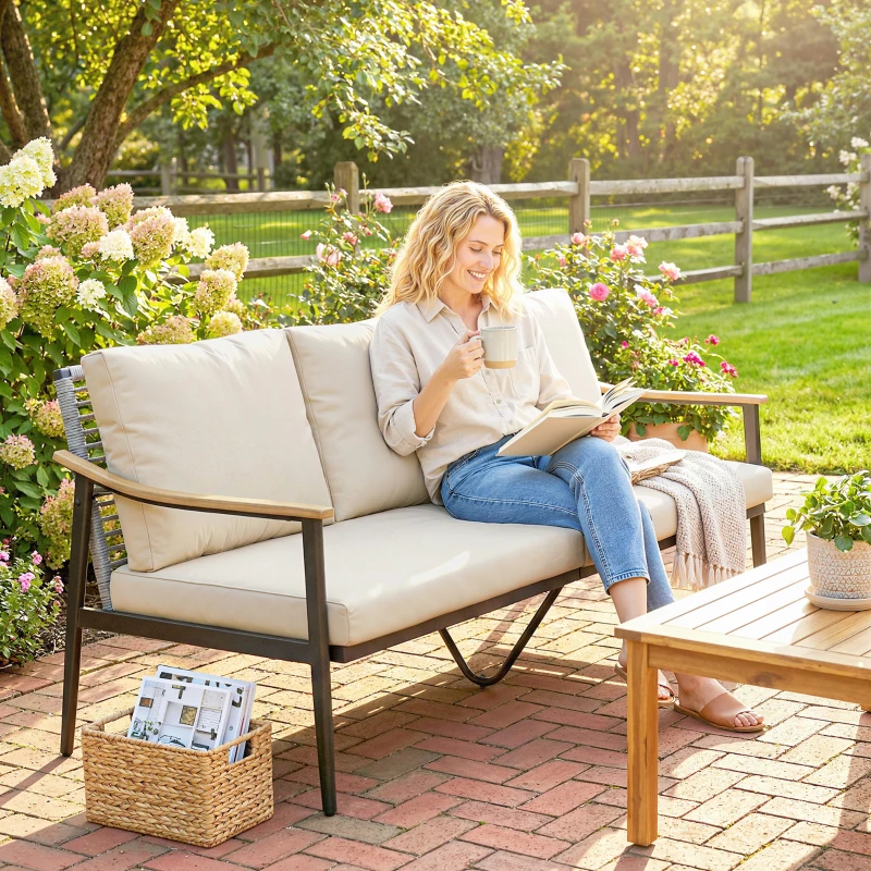 Outsunny 3 Seater Outdoor Patio Sofa, Outdoor Couch with Wood-Effect Armrests, Wicker Backrest, Cushions for Garden Yard, Khaki