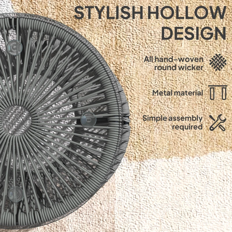 Outsunny Round End Table, Rattan Side Table, Hollow Drum Design Coffee Table w/ Glass Top for Patio, Garden, Balcony, Dark Grey