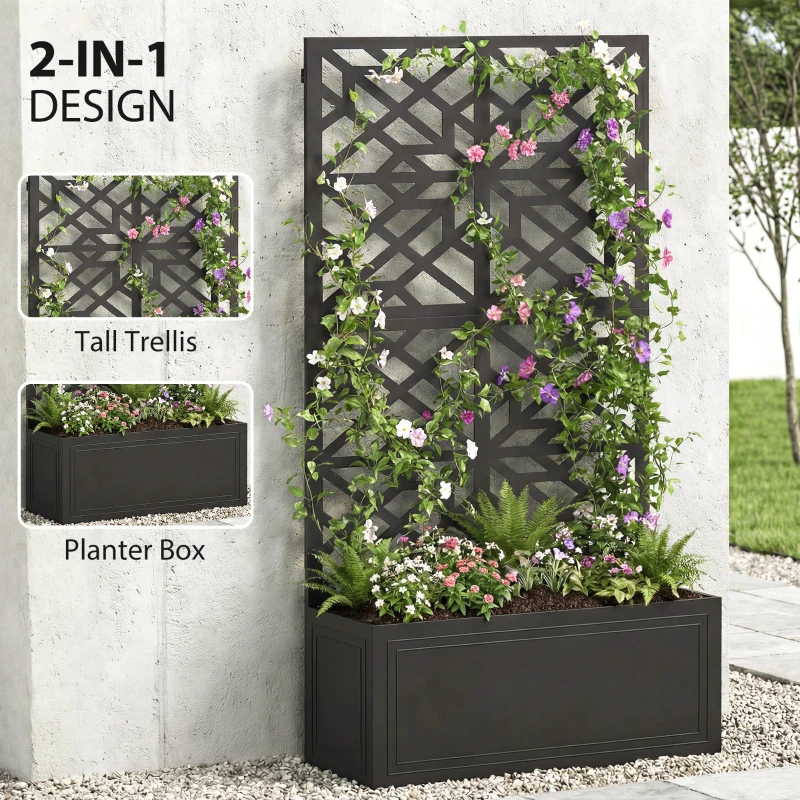 Outsunny Metal Raised Garden Bed with Trellis for Climbing Plants, Freestanding or Wall Mounted Flower Bed with Privacy Panel