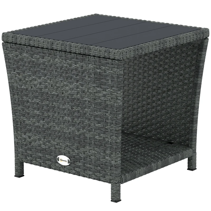 Outsunny 17.7" Wicker Side Table with Storage Shelf, Square PE Rattan Outdoor End Table with PS Wood Slat Top, Grey