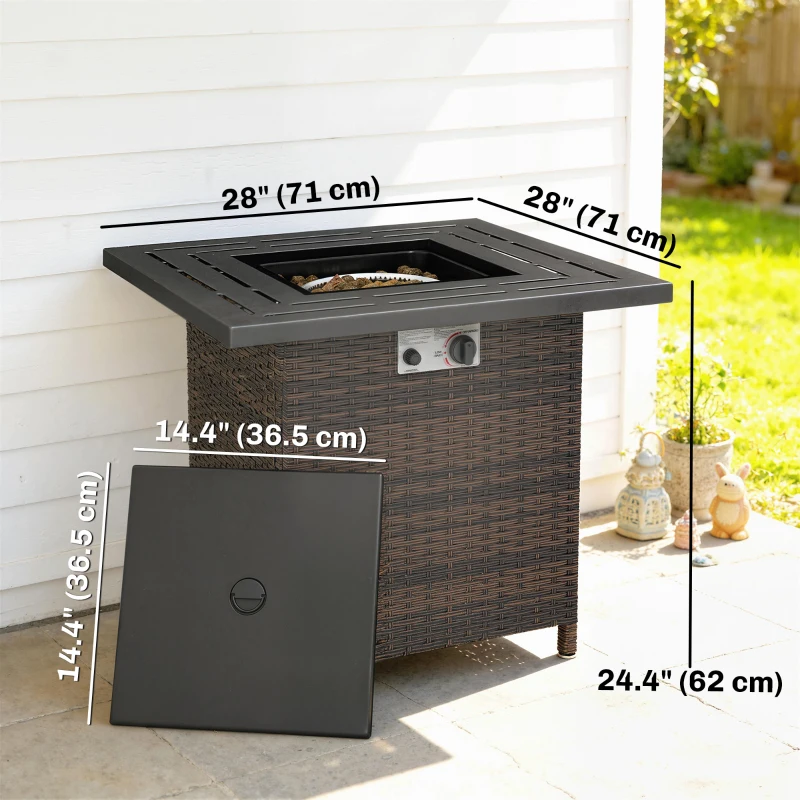 Outsunny Propane Fire Pit Table, 28 Inch 40,000 BTU Square Rattan Fire Table with Lava Rock, Pulse-Ignition Wicker Gas Fire Pit