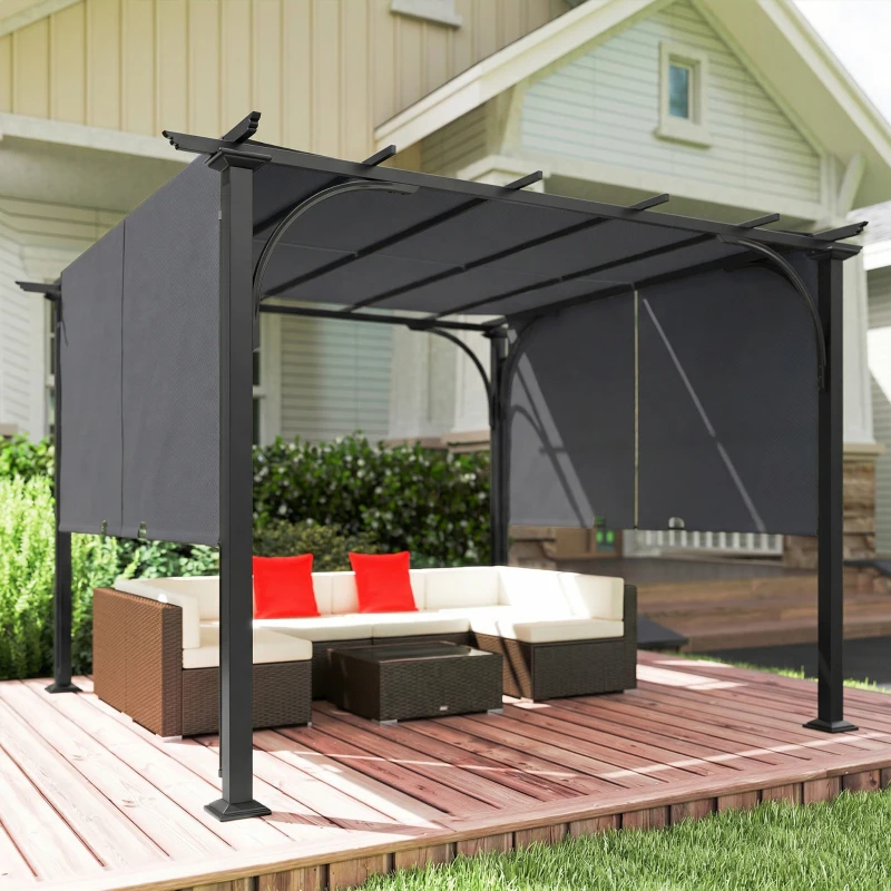 Outsunny 10' x 10' Retractable Pergola Canopy, UPF50+ Outdoor Metal Pergola Gazebo Sun Shade Shelter with Steel Frame, Dark Grey