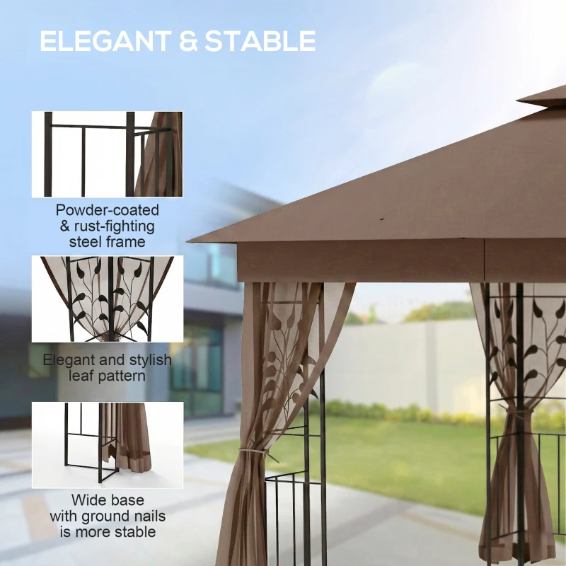 Outsunny 10'x10' Soft-top Steel Patio Gazebo Outdoor Sun Shelter with 2-Tier Polyester Roof, Curtain Sidewalls, Dark Brown