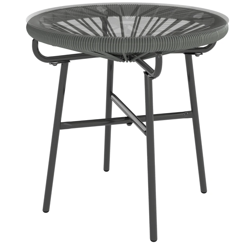 Outsunny Rattan Side Table, Round Outdoor Table, with Round PE Rattan and Tempered Glass Table Top for Patio, Garden, Dark Grey