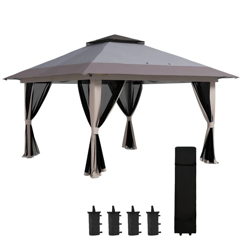 Outsunny 13' x 13' Pop Up Gazebo Instant Canopy Tent Shelter with 2-Tier Roof, Carry Bag, Wight Bags for Outdoor, Garden, Gray