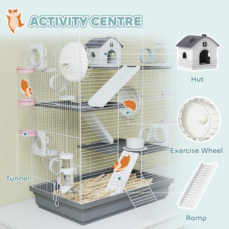 PawHut 4-Level Large Hamster Cage with DIY Tubes, Water Bottle, Food Dish, Hut, Exercise Wheels, Grey