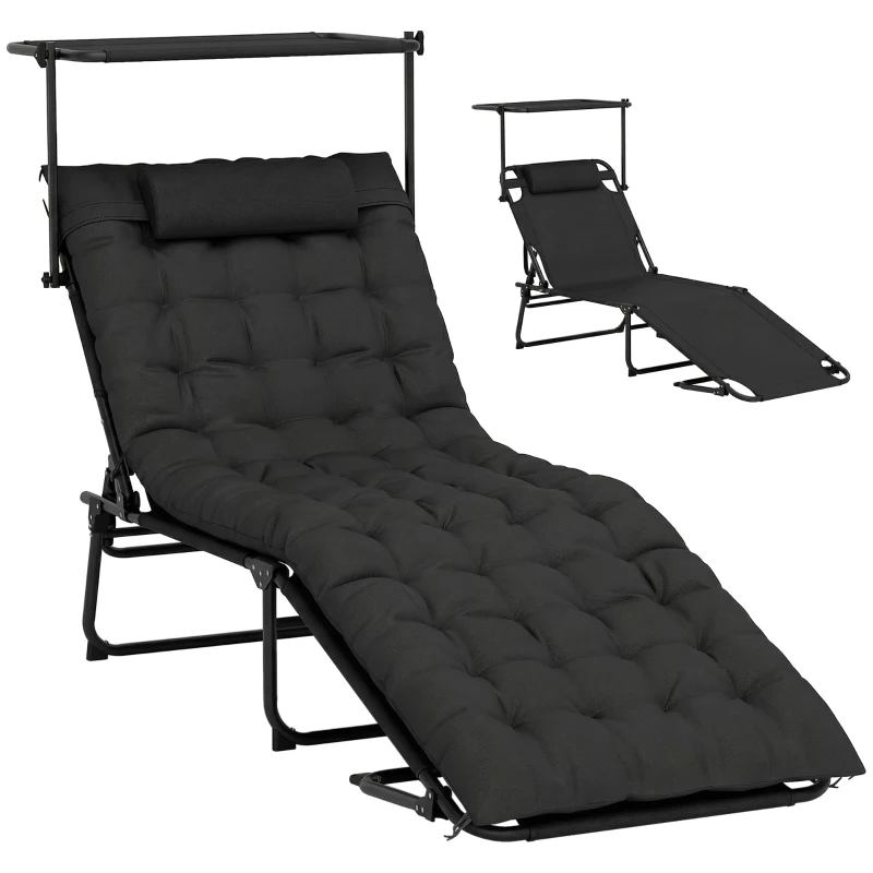 Outsunny Folding Lounge Chair with Adjustable Canopy, 4-Position Outdoor Tanning Chair with Headrest, Black