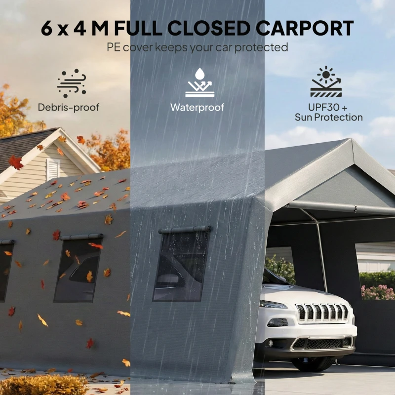 Outsunny 20 x 13 ft Carport, Portable Garage with Roll-Up Door and Windows, PE Canopy, Steel Frame, Dark Grey