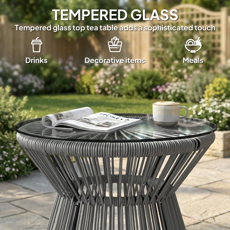 Outsunny Round End Table, Rattan Side Table, Hollow Drum Design Coffee Table w/ Glass Top for Patio, Garden, Balcony, Dark Grey