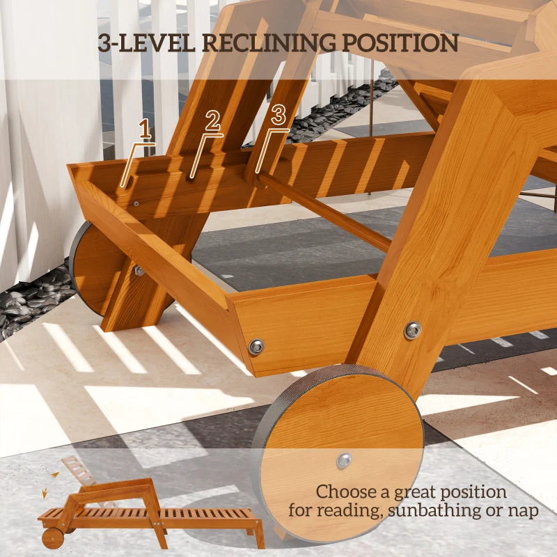 Outsunny Wood Lounge Chair Outdoor Tanning Chair with Wheels, 3-Position Adjustable Backrest and Armrests, Orange