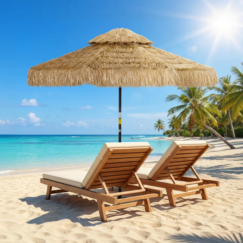 Outsunny 8.5 FT Hula Thatched Tiki Patio Umbrella, 2-Tier Tropical Hawaiian Style Outdoor Umbrella with 8 Ribs, UPF30+, Khaki